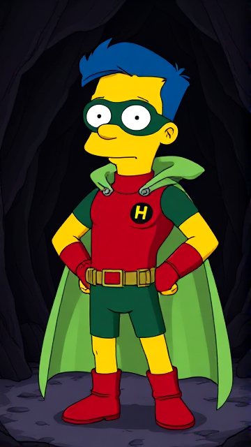 Cartoon scene: Milhouse Van Houten from The Simpsons, with his yellow skin, really big round nose, and blue hair that's slicked back and curled up at the top, but as a tall, 18-year old teenager, dressed as a parodied version of Robin, The Boy Wonder, with an extremely muscular body, wearing a dark green bodysuit with a red torso adorned with a small black circle with a light-green "H" symbol on his left pectoral, a silver utility belt with a red square buckle with silver pouches attached to it that hold all of his unique gadgets, red boots, red long-cuffed gloves, a really big, toe-length long, ultra-wide light-green cape wreathed around his neck held up by an inverted silver triangular button, and a light-green eye mask with optical lenses in it that protects his true identity, now known as Houseboy, The Nerd Wonder, the other half of Springfield's Dynamic Duo, and one of the greatest vigilante superheroes ever known in Springfield. In this scene, Houseboy is currently standing in a dark cavern, searching for a lost citizen that has been kidnapped.