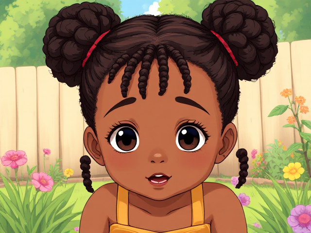 dessin d'une petite fille de 3ans, noire, avec les cheveux affros coiffés en deux chignons et trois nattes tombant sur son front, des yeux étirés jouant dans le jardin