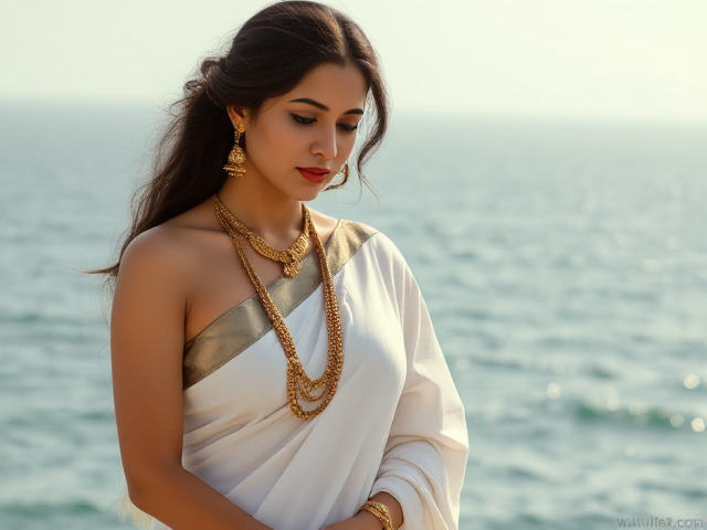 Woman in white saree with gold jewelry, a bindi, and while shoes, ocean background