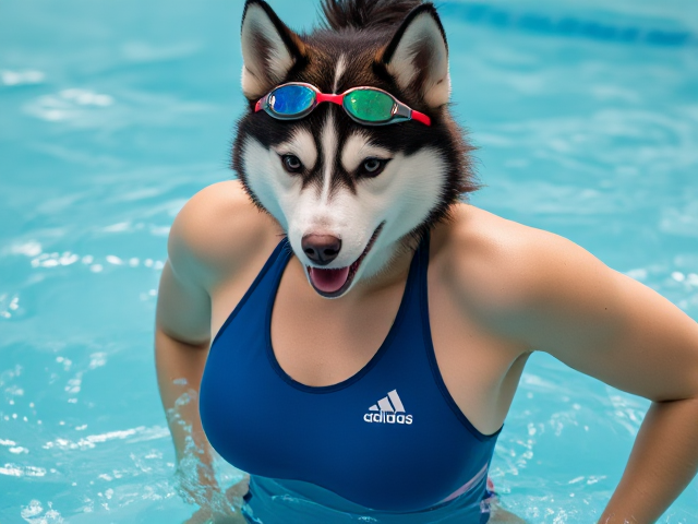 A anthropomorphic female Siberian husky with broad shoulders wearing an adidas swimsuit and swimming goggles