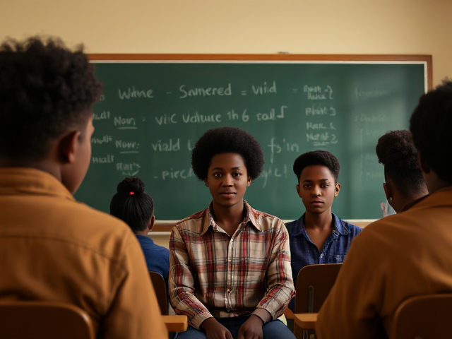 Élèves afro-américains devant un tableau  dans une salle de classe, ambiance studieuse et chaleureuse, tableau noir avec écriture visible, lumière naturelle entrant par la fenêtre