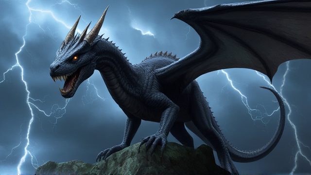Dark gray dragon with long, sharp fangs protruding from its mouth, piercing orange eyes, thick jagged scales, a bone-like pointed spine protruding from its back, a razor-sharp tail, standing on top of a cliff in a lightning storm