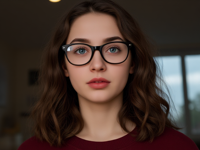 Pale petite teen girl, teal eyes, long curly brown hair, freckles over her nose, pouty lips. Wears glasses and a burgundy sweatshirt