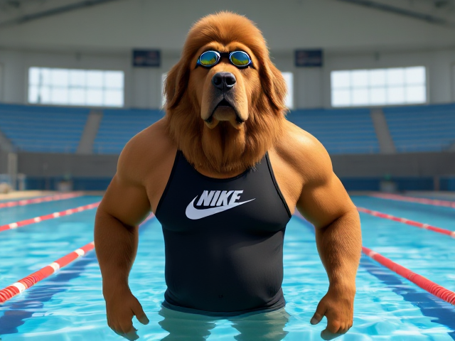 A tall, anthropomorphic Newfoundland with a long torso and broad shoulders wearing a high-cut Nike one-piece swimsuit and swimming goggles, in a Olympic sized swimming pool