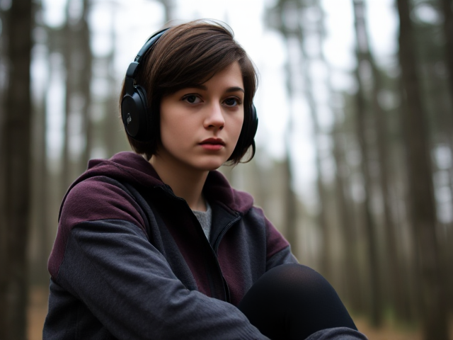 15-year-old woman feeling lonely, at a forest setting, with short, shaggy unkept dark brown hair. She is wearing black headphones and a grayish maroon jacket. Her eyes are dull hazel, complemented by black stockings and dark brown boots, set in a somber mood, capturing her sense of solitude, she feels as if she's misunderstood and different from all of her peers as she is different than them.