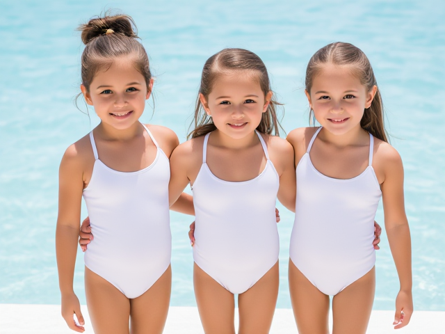 Three small girls in white one piece swimsuits