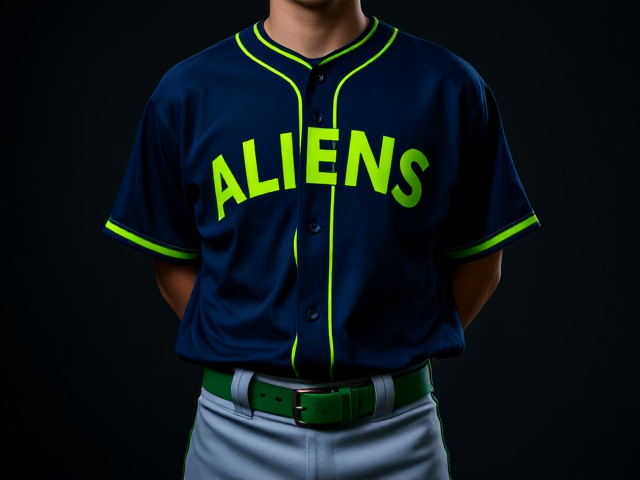 A navy baseball jersey with aliens written across the front in neon green with neon green piping around the neck and cuffs of the jersey with grey baseball pants with navy and neon green piping down the sides with a neon green belt