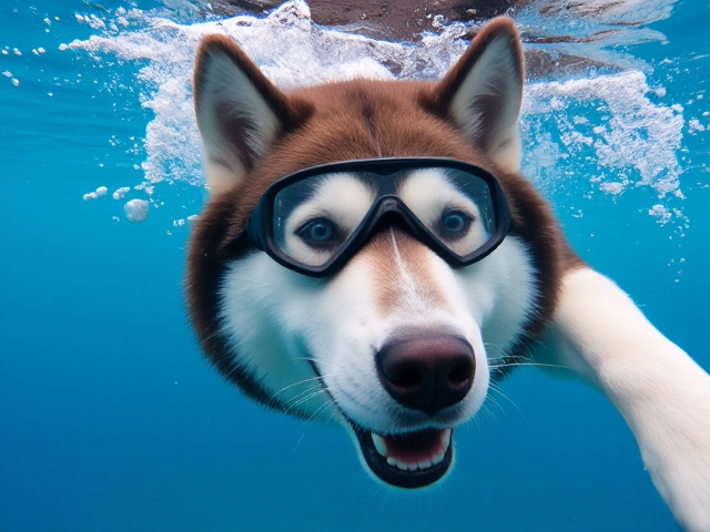 Alaskan malamute swimming underwater with freediving goggles, clear blue water, detailed fur and bubbles around