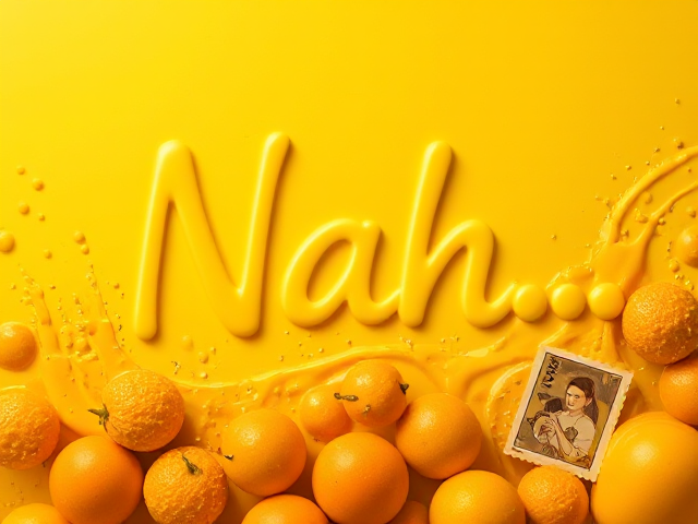 Pochette album, thème jaune et orange.
Titre écrit (lettres) = « Nah… »
Fruits oranges et jaunes, liquide jaune éclaboussures, timbres de voyage