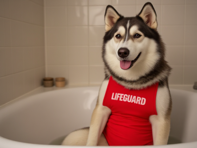 A Anthropomorphic Alaskan malamute wearing a red lifeguard swimsuit sitting in a bathtub