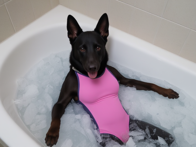 A anthropomorphic black German shepherd wearing a gymnastics leotard in a bathtub full of ice