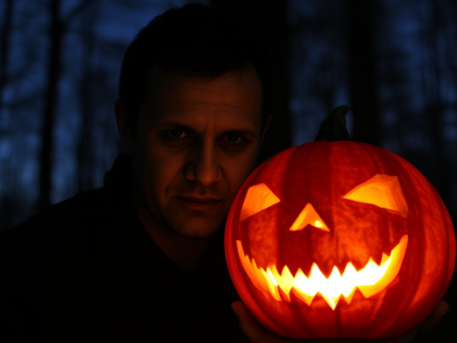 A photo of a man with a dark, shadowy figure from Willow's End. The man, named Jack, enjoyed scaring people. Known for his cruel demeanor, Jack was a
man that everyone avoided. Every Halloween, he dressed up in a frightening mask and went into the forest. Armed with a pumpkin lantern that he carved himself, the lantern had a twisted, threatening smile. Over time, it was rumored that Jack had become involved in dark arts and sinister rituals, in which he tried to summon malevolent forces in the forest of Willow's End.