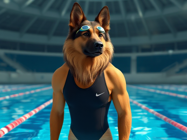A tall anthropomorphic long haired German shepherd with a long torso and broad shoulders, wearing a high cut Nike one piece swimsuit and swimming goggles, in a Olympic swimming pool
