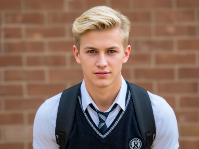 a 20 year old, toned, tan-skinned, muscular guy with blonde hair, wearing a school uniform