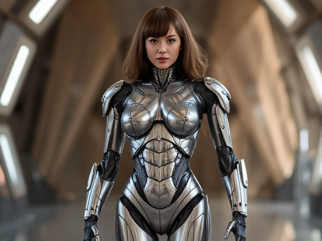 Judith Chapman as a futuristic robot, sleek metallic body, intricate mechanical details, sci-fi setting, full head hair, westworld, torso, legs