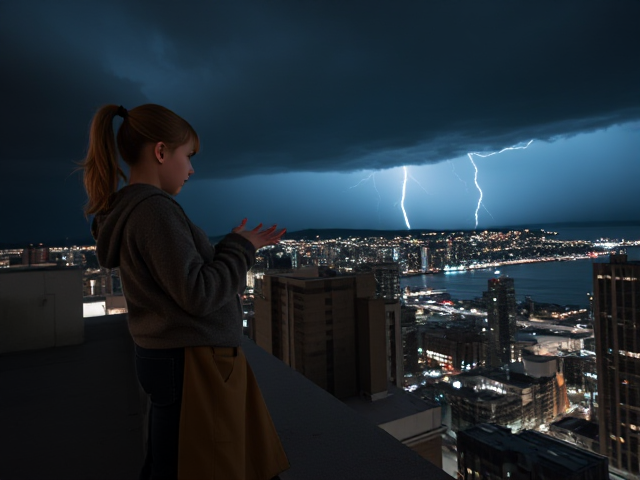 A petite 13-year-old girl with strawberry blonde hair in a ponytail, wearing a hooded pullover and jeans, is standing on the roof ledge of a night club. Next to her on the roof, standing nearby is a modern-day, pale skinned vampire in his late twenties, with blonde hair, dressed in a brown trench coat and jeans. He appears uneasy as he looks at her, holding his hands out and taking a step back. The girl gestures angrily at him, flailing her arms and scowling at him in frustration. A thunderstorm approaches the cityscape from the sea shore. Set at night.