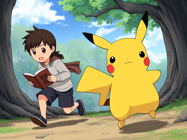 Un pikachu qui poursuit un garçon avec de cheveux longs et bruns ,à côté il y’a un garçon avec les cheveux courts et lisse qui lit un livre sur un arbre