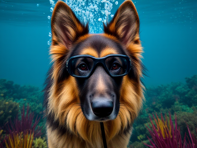Long-haired German shepherd with intricately detailed fur pattern, wearing sleek and modern freediving goggles, submerged in a vibrant underwater scene filled with bubbles and a variety of colorful aquatic plants
