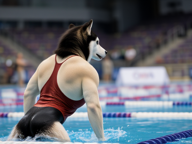 A tall anthropomorphic Siberian husky Olympic swimmer wearing a sportback swimsuit