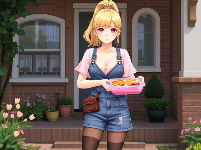 2D anime woman, with shimmering blonde high ponytail that catches the sunlight in golden strands, vibrant and expressive pink eyes that sparkle with emotion like glistening gemstones. She wears a loose, low-cut soft pink top made of delicate, semi-transparent chiffon fabric and denim skirt overalls featuring intricate stitching details and cute embroidered patterns. Her footwear includes stylish black and pink sneakers paired with sheer black stockings ending just below the skirt, emphasizing her slender legs, adorned with subtle floral lace motifs. Accessories: a brown hip purse with detailed leather textures and tassels, large hoop earrings that catch the light with their polished surface. Setting: standing at the front door of a charming neighbor's house characterized by vintage architectural elements such as arched windows and ivy-covered brick walls; the well-manicured front yard behind her is filled with colorful flowers like tulips and daisies interspersed among lush greenery; she holds a clear pink Tupperware container filled with leftover food, its lid slightly ajar showing an assortment of appetizing dishes; her cheeks are flushed with a cute blush of embarrassment while she shyly smiles