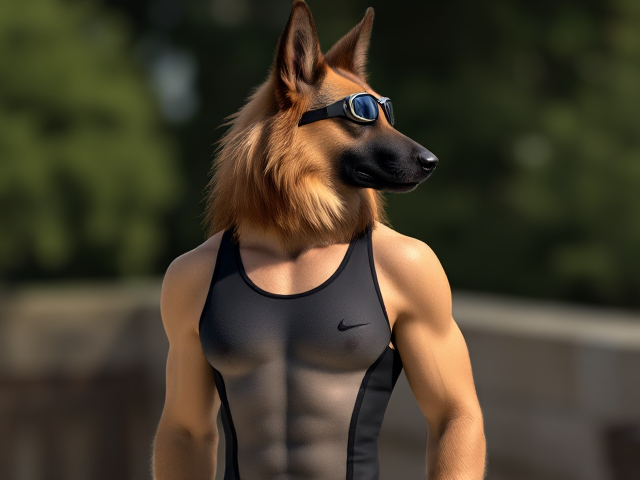 A tall and lean anthropomorphic long haired German shepherd with a long torso and broad shoulders wearing a high cut Nike one piece swimsuit and swimming goggles