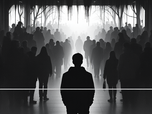 create an image that shows a silhouette of a person looking into a crowd of silhouettes, but label a a line that states 10m between them to show the distance. No shadows. Make it a public setting