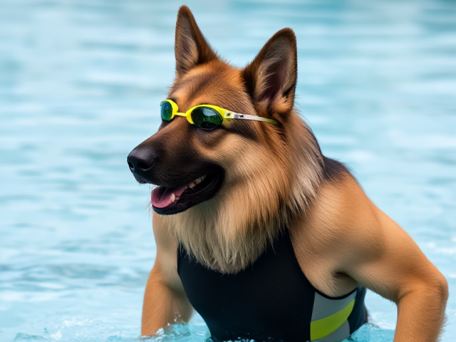 A anthropomorphic long haired German shepherd with a long torso and broad shoulders wearing a racing swimsuit and swimming goggles