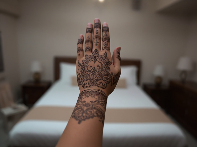 Henna on an Indian woman's hand, background bedroom