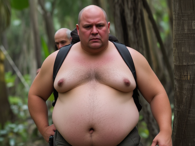 This is a strong, middle-aged man with a stocky, muscular build. He has a bald head with some light stubble and a rough, rugged look. His chest and large, round belly have sparse hair, just a little across his chest and stomach. His round belly protrudes over his waist, slightly sagging but firm, giving him a powerful but slightly heavy appearance. He’s shirtless, with a tight sleeveless shirt having been replaced by just his bare upper body. His muscular arms and broad shoulders are well-defined, and he's wearing rugged work pants that fit snugly around his waist. He looks tired but focused, resting his large hand on a tree for support. The man is carrying an old Jedi, much smaller in size, in a backpack strapped to his back, as they train together in a swampy jungle. The man's expression shows exhaustion from a long run, but he remains attentive to the Jedi master, determined to complete his training despite the fatigue.