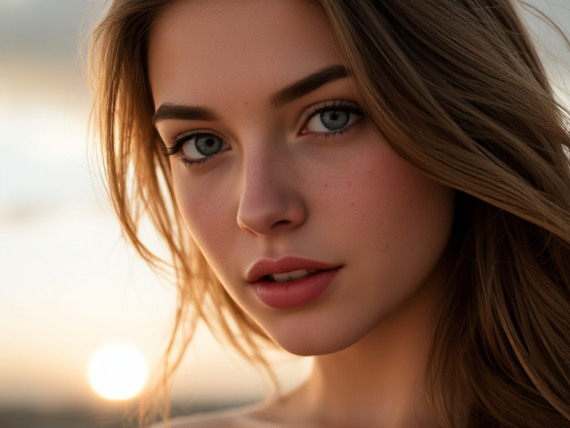 Young woman, light brown hair, bright blue eyes, freckles