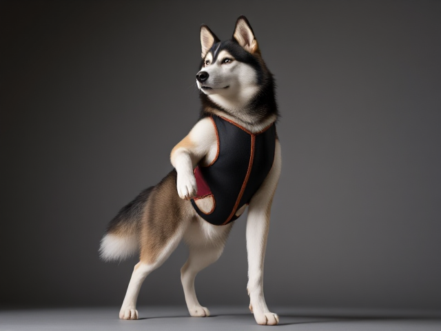 Anthropomorphic Alaskan malamute wearing a detailed high-cut leotard, standing in a dynamic pose, showcasing the texture of the fur and fabric, vibrant colors, well-lit scene