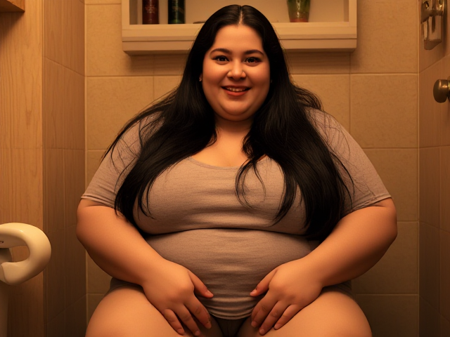 Images of A tall obese white woman long black hair blue eyes  sitting on the toilet smiling