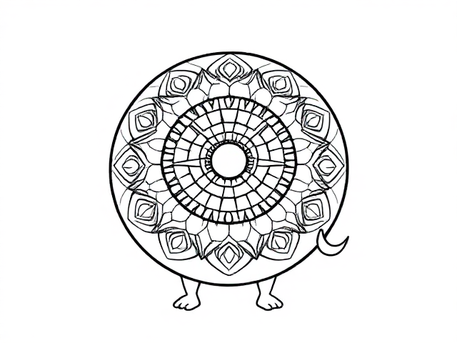 Create a simple black-and-white coloring page featuring a cute little ball designed in a sketch style. The ball should be illustrated as a full-body outline in a mandala style, ensuring it appears playful and approachable for young children aged 2 to 4. Design the ball  with basic,friendly features, emphasizing a round body and incorporating a few gentle curves for legs and a tail. Include a friendly expression to enhance its inviting character.