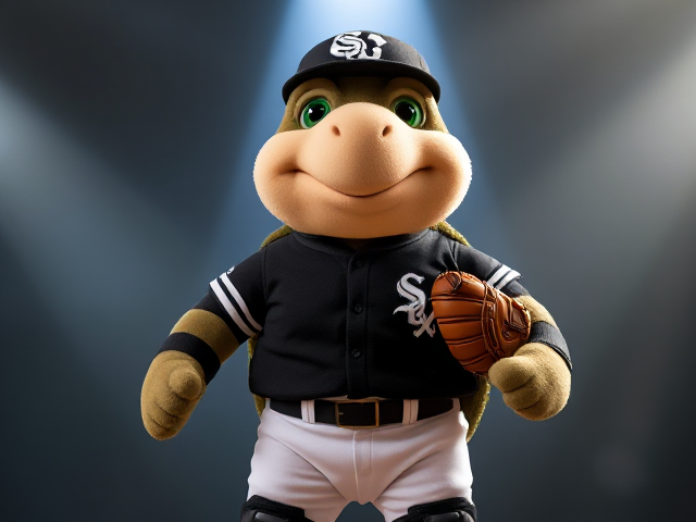 A big stocky stuffed animal turtle green eyed wearing a white Sox uniform black jersey white pants black socks black cleats wearing leg guards wearing a catchers mitt smiling