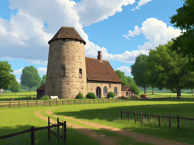 Une belle grange, très grande en pierre au milieu d'un beau pré