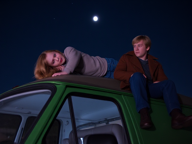 A petite, 12 year old girl with strawberry blonde hair, wearing a pullover and  jeans, laying on the roof of a green, 1987 Chevy van. She is on her back, staring up at the night sky, stargazing. Besides her sits a modern day vampire in his twenties, with blonde hair and wearing a brown trenchcoat and jeans. He looks down, uneasy.