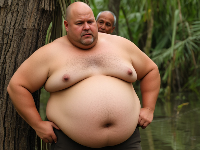 This is a strong, middle-aged man with a stocky, muscular build. He he is tanner, and has a bald head with some light stubble and a rough, rugged look. His chest and strong large, round belly have sparse hair, just a little across his chest and stomach. His r belly protrudes over his waist, but firm, giving him a powerful but slightly heavy appearance. He’s shirtless, with a tight sleeveless shirt having been replaced by just his bare upper body. His muscular arms and broad shoulders are well-defined, and he's wearing rugged work pants that fit snugly around his waist. He looks tired but focused, resting his large hand on a tree for support. An old man, is behind the big man, and he hugs and rubs the big man’s belly from behind, in a swampy jungle. The man's expression shows exhaustion from a long run, but he remains attentive to the Old man, determined to complete his training despite the fatigue.