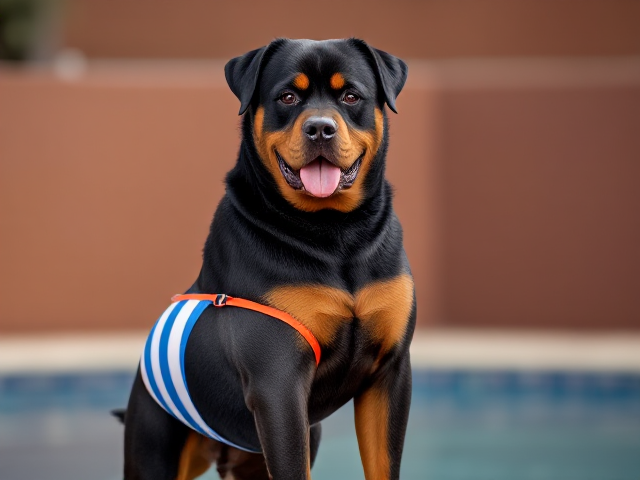 Anthropomorphic Rottweiler wearing a water polo swimsuit, standing confidently with prominent hips, detailed fur texture, vibrant colors