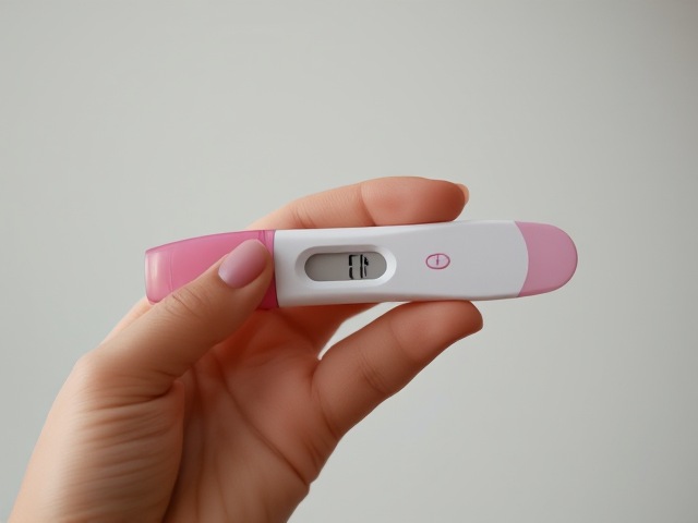 English Positive pregnancy test in woman's hand