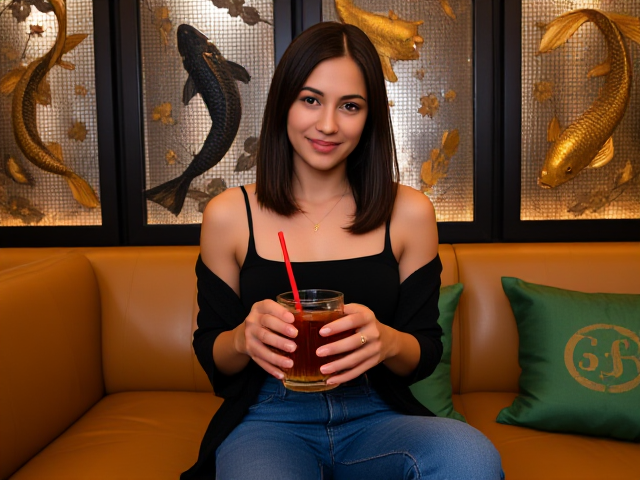 A young woman with warm, medium skin tone and shoulder-length straight dark brown hair, parted down the middle, sitting casually on a tan leather L-shaped sofa in an upscale, modern lounge. She is wearing a sleek black spaghetti strap top that reveals her collarbones, paired with fitted mid-rise blue jeans. A black cardigan is loosely draped around her arms. She holds a transparent glass mug in both hands, filled with an amber-colored drink and a bright red stirrer inside. Her nails are painted a soft nude shade, and she wears a thin, minimalistic necklace and a gold ring on her right hand. She has a subtle, relaxed smile and slightly tilted head, gazing at the camera.
The background features artistic wall panels covered with a black mesh grid, illuminated from behind with soft white and golden ambient lighting. Embedded in the panels are decorative golden koi fish sculptures with black bodies and flowing gold fins, surrounded by floral and leaf patterns in muted metallic tones. Green satin pillows with golden monogram prints rest on the sofa near her. The lighting is warm, slightly diffused, casting a gentle glow on her skin and highlighting her facial features, creating a cozy yet sophisticated atmosphere.*