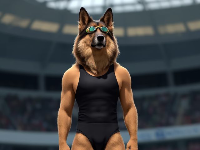 A tall anthropomorphic long haired German shepherd Olympic swimmer with a long torso, wearing a one piece swimsuit and swimming goggles
