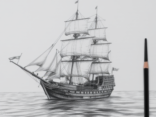 Croquis Bateau pirate , voilier,crayon de bois.