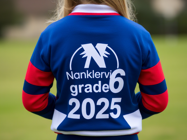 a teen girl wearing a school rugby jumper in the colours blue red and white. The white logo in front should read Nankervis College and on the back in white it says grade 6 class of 2025