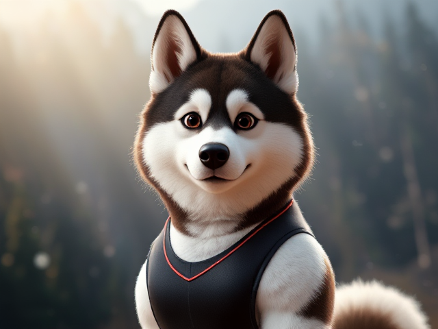 A Alaskan malamute Olympic gymnast with broad shoulders wearing a leotard