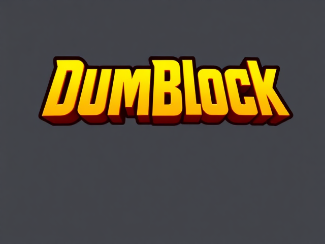 Create a logo with the word “DumBlock” in a fun, stylized font. The letters should be bold, slightly pixelated or angular to evoke a Minecraft-inspired aesthetic. Use a bright gold color for the main letters, with subtle red accents (like outlines, glow, or small splashes) to suggest energy and fun. The style should be dynamic, a bit chaotic, with slightly irregular letters or cracks to suggest the block-exploding theme. No additional graphics or mascots — focus solely on the text.