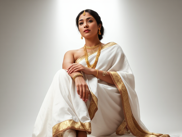 Woman in white saree with gold jewelry, a bindi, and white shoes