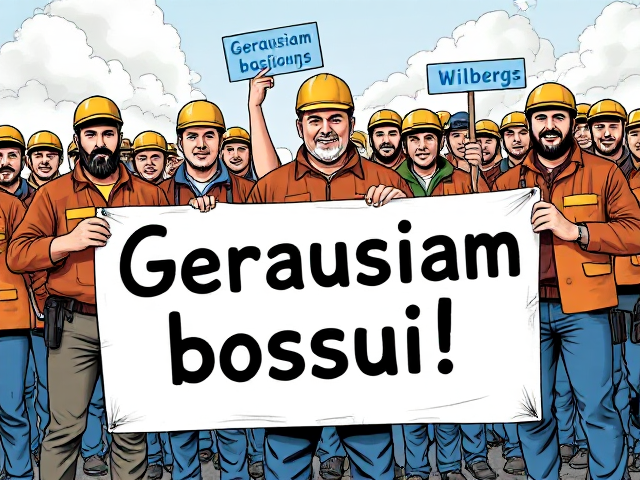 image in which group of workers are holdings big sign in which is writen this text: Geriausiam bosui! Few worker in back are holding smaller signt with blue text: Wilbergs. Style comic book