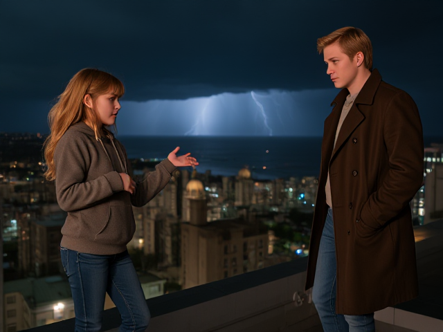 A petite 13-year-old girl with strawberry blonde hair, wearing a hooded pullover and jeans, is standing on the roof ledge of a night club. Next to her on the roof, standing nearby is a modern-day, pale skinned vampire in his late twenties, with blonde hair, dressed in a brown trench coat and jeans. He appears uneasy as he looks at her. The girl gestures angrily at him, flailing her arms. A thunderstorm approaches the cityscape from the sea shore. Set at night.