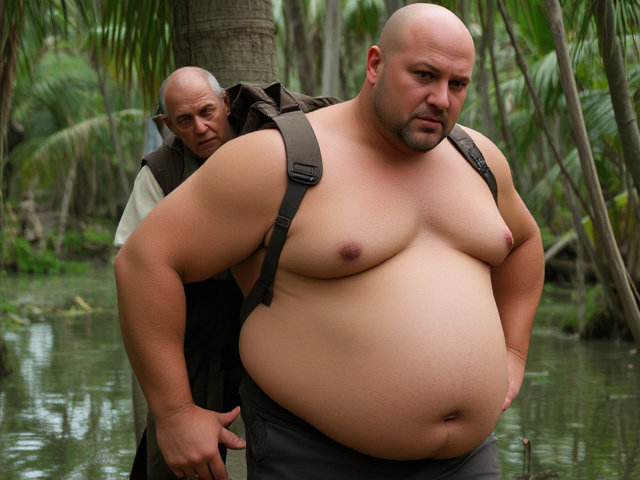 This is a strong, middle-aged man with a stocky, muscular build. He he is tanner, and has a bald head with some light stubble and a rough, rugged look. His chest and strong large, round belly have sparse hair, just a little across his chest and stomach. His r belly protrudes over his waist, but firm, giving him a powerful but slightly heavy appearance. He’s shirtless, with a tight sleeveless shirt having been replaced by just his bare upper body. His muscular arms and broad shoulders are well-defined, and he's wearing rugged work pants that fit snugly around his waist. He looks tired but focused, resting his large hand on a tree for support. The man is carrying an old Jedi, much smaller in size, in a backpack strapped to his back, as they train together in a swampy jungle. The man's expression shows exhaustion from a long run, but he remains attentive to the Jedi master, determined to complete his training despite the fatigue.