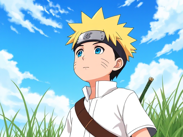 a colourful, anime-style scene in the style of Naruto. A young boy with spiky blonde hair, wearing a simple white shirt and a forehead protector with a leaf symbol, gazes upward thoughtfully against a vivid blue sky with soft, scattered clouds. He has light whisker-like marks on his cheeks, adding a sense of youthful innocence. A small weapon, like a short sword or staff, is strapped to his back, and long green grass sways around him, giving the scene a natural, tranquil feel. The colours should be vibrant, with a warm and nostalgic tone.